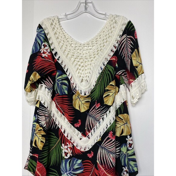Boho Beach Hawaiia Blouse Crochet Size M/L Leaf Floral Print Multicolor Tropical - Picture 6 of 12